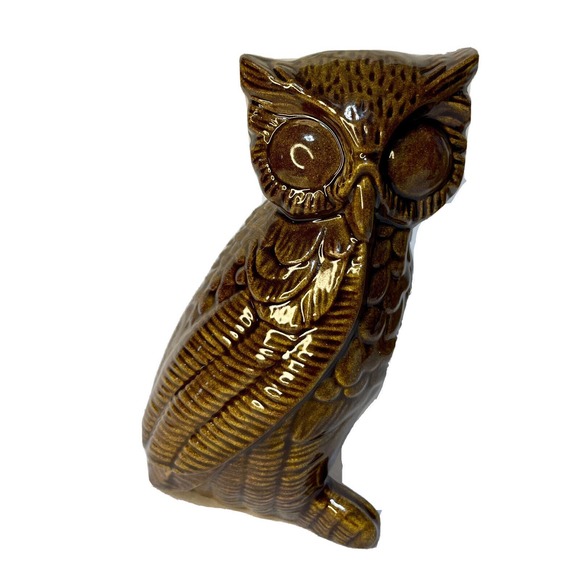 Vintage Mid Century Modern Owl Collection Figurines Set Three Brown & Yellow - Picture 2 of 16